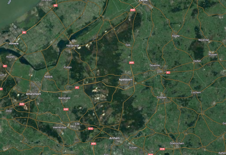 Omvang van de Veluwe; Google Maps (Satelliet)